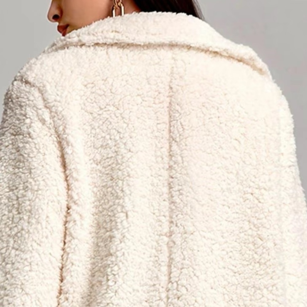 Size L Ivory BOHO lapel collar button front faux pockets lined plush Teddy coat - Picture 12 of 16